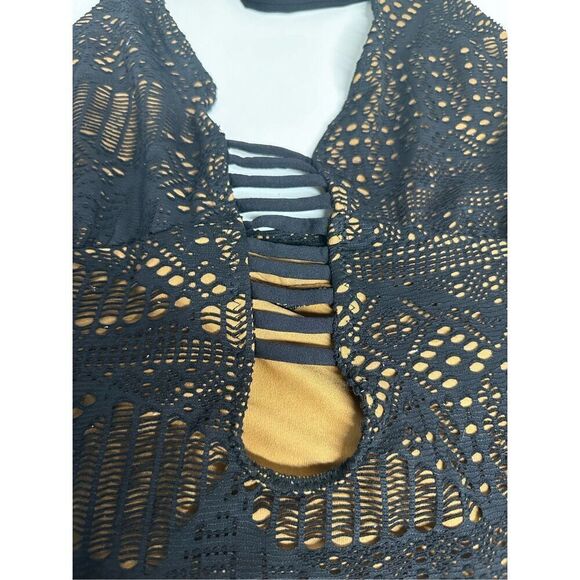 Mossimo Supply Co. Bohemian One Piece Swimsuit Crochet Lined Size XL Black Tan - Picture 3 of 10